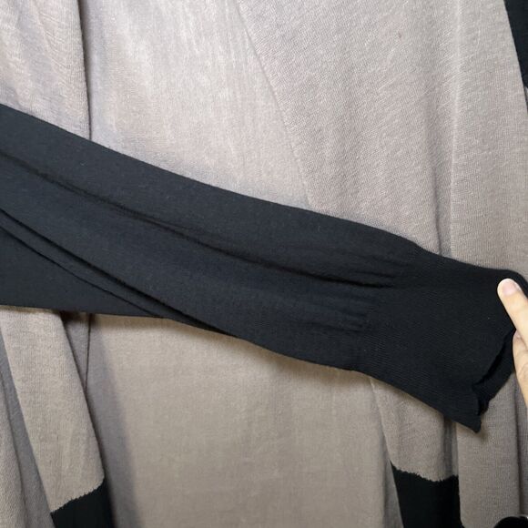 Drape Front Open Cardigan Sweater Wrap Women M/L Tan Black Colorblock Waterfall - Picture 5 of 10